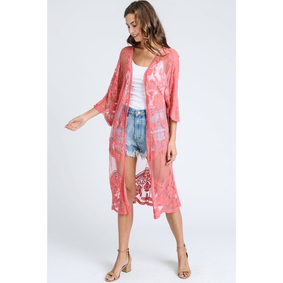 Sweaters - Long Lace Kimono Cardigan in Raspberry New